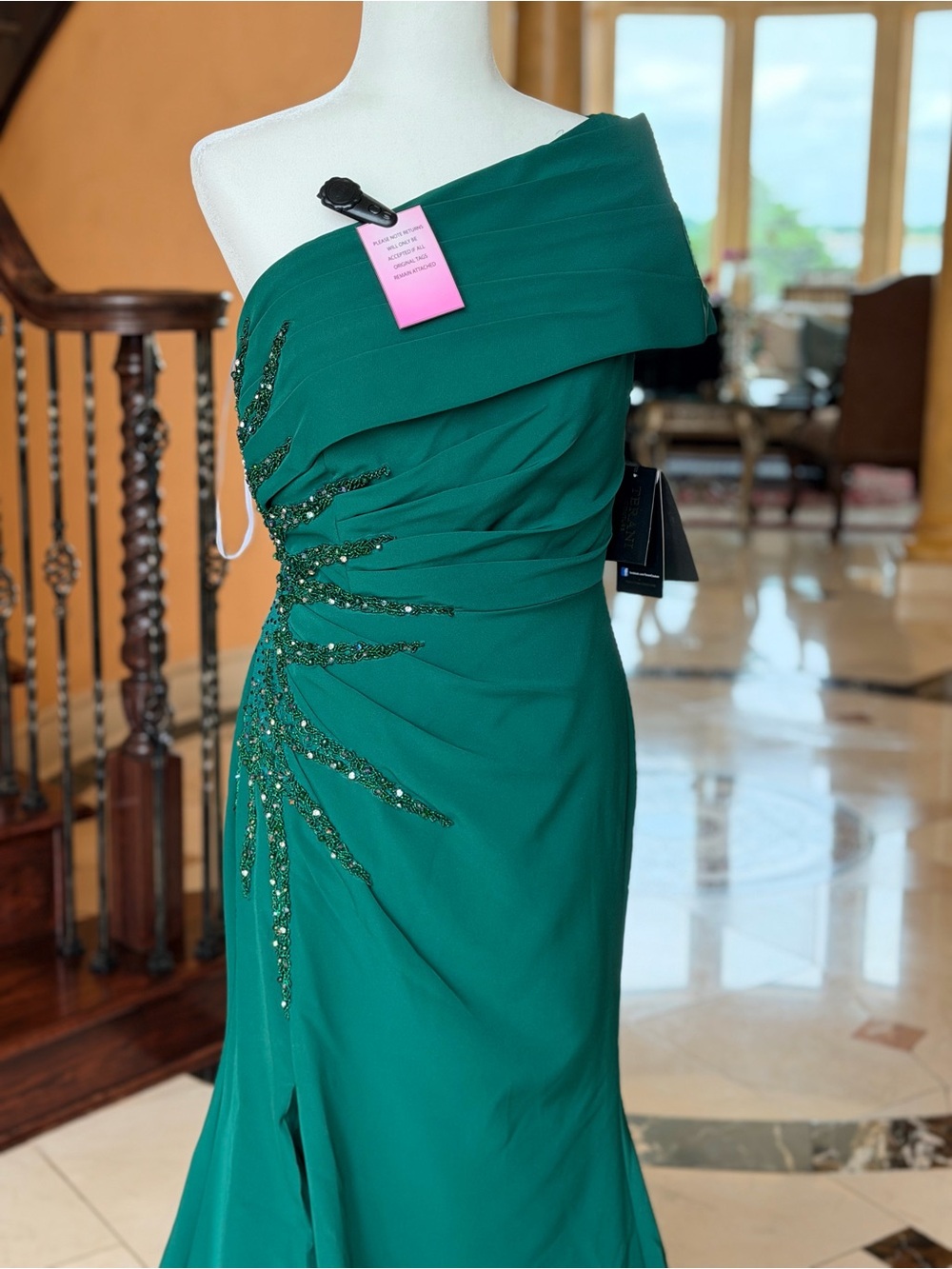 Terani Couture Emerald Green One-Shoulder Beaded Gown - Picture 3 of 13